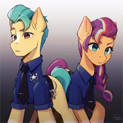 Size: 2048x2048 | Tagged: safe, artist:xiaowu07, hitch trailblazer, sunny starscout, earth pony, pony, g5, badge, braid, braided ponytail, clothed ponies, clothes, duo, duo male and female, eye clipping through hair, eyebrows, eyebrows visible through hair, female, gradient background, key, male, mane stripe sunny, mare, necktie, police uniform, ponytail, raised hoof, sheriff's badge, signature, stallion
