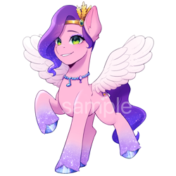 Size: 2500x2500 | Tagged: safe, artist:xiaowu07, pipp petals, pegasus, pony, g5, eye clipping through hair, eyebrows, eyebrows visible through hair, eyeshadow, female, jewelry, looking at you, makeup, mare, necklace, obtrusive watermark, sample, simple background, smiling, smiling at you, solo, sparkly hooves, sparkly mane, spread wings, unshorn fetlocks, watermark, white background, wings