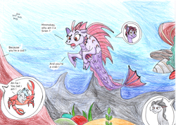 Size: 1750x1238 | Tagged: safe, artist:fleximusprime, oc, oc only, crab, siren, atg 2024, bubble, dorsal fin, fin, fins, fish tail, flowing tail, newbie artist training grounds, ocean, scales, seaponified, seaweed, sirenified, species swap, sunlight, swimming, tail, traditional art, underwater, water