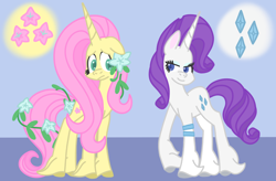Size: 2256x1481 | Tagged: safe, artist:emilylsart, fluttershy, rarity, pony, unicorn, g4, alternate color palette, alternate cutie mark, alternate design, alternate eye color, alternate hair color, alternate hairstyle, blue background, colored hooves, colored pupils, decoration, duo, duo female, eyeshadow, fear, female, floppy ears, flower, flower in hair, fluttershy (g5 concept leak), g5 concept leak style, g5 concept leaks, hooves, horn, looking at each other, looking at someone, makeup, race swap, raised hoof, rarity (g5 concept leak), redesign, scared, serious, serious face, simple background, smiling, unicorn fluttershy, unshorn fetlocks