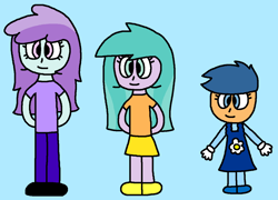 Size: 1249x898 | Tagged: safe, artist:gillianthecreator36, aura (g4), first base, liza doolots, petunia, tootsie flute, human, equestria girls, g4, adorabase, aurabetes, blue background, closed mouth, clothes, cute, cyan background, daisy (flower), equestria girls-ified, female, female first base, flower, football strike, girly girl, gloves, humanized, kid, kid aura (g4), little first base, long sleeves, overalls, pants, preschool, rule 63, shirt, shoes, short sleeves, simple background, skirt, smiling, t-shirt, teenage liza doolots, teenage petunia, teenage tootsie flute, teenager, tights, toddler, toddler first base, tomboy, tootsie cute, trio, younger