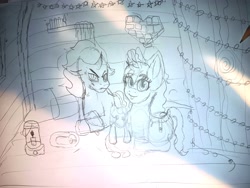 Size: 3806x2855 | Tagged: safe, artist:lullabyjak, king sombra, oc, oc:umbré, unicorn, g4, colt, colt sombra, female, filly, foal, horn, male, traditional art, wip