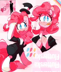 Size: 2550x3000 | Tagged: safe, artist:pakmur, pinkie pie, earth pony, pony, g4, :p, abstract background, blushing, business suit, clothes, cute, cylinder, diapinkes, ear blush, female, hat, high res, looking at you, mare, music, pink hair, simple background, ska, smiling, smiling at you, solo, suit, tongue out, top hat