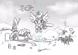Size: 3500x2500 | Tagged: safe, artist:captainhoers, oc, oc only, pegasus, pony, exclamation point, female, flying, grayscale, grin, helldivers 2, hoof on hip, mare, monochrome, partial color, smiling, solo focus