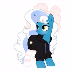 Size: 6890x6890 | Tagged: safe, artist:riofluttershy, oc, oc only, oc:fleurbelle, alicorn, pony, alicorn oc, blushing, bow, clothes, female, hair bow, horn, mare, messy mane, simple background, socks, solo, striped socks, sweater, white background, wings, yellow eyes