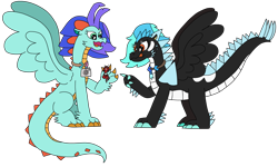 Size: 3216x1927 | Tagged: safe, artist:supahdonarudo, oc, oc only, oc:icebeak, oc:ironyoshi, oc:sea lilly, dragon, pony, unicorn, atg 2024, camera, dragoness, dragonified, female, forked tongue, giant dragon, holding, holding a pony, horn, jewelry, necklace, newbie artist training grounds, open mouth, simple background, size difference, species swap, spread wings, tiny, tiny ponies, tongue out, transparent background, trio, wings