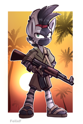 Size: 1712x2564 | Tagged: safe, artist:felixf, oc, oc only, oc:obichni, zebra, anthro, ak-74, assault rifle, gun, male, palm tree, soldier, solo, sun, tree, weapon, zebra oc