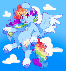 Size: 1885x2048 | Tagged: safe, artist:cocopudu, rainbow dash, pegasus, pony, g4, alternate hairstyle, alternate tailstyle, bangs, belly, blue coat, blue hooves, cheek fluff, chest fluff, cloud, cloven hooves, coat markings, colored eyebrows, colored hooves, colored pupils, colored wings, colored wingtips, countershading, curly mane, curly tail, ear fluff, eye clipping through hair, eyebrows, eyebrows visible through hair, eyelashes, facial markings, fangs, female, flying, hock fluff, hooves, looking back, mare, multicolored hair, multicolored mane, multicolored tail, open mouth, open smile, outdoors, pink eyes, purple pupils, rainbow hair, rainbow tail, raised hoof, redraw, shiny mane, shiny tail, sky, sky background, smiling, snip (coat marking), socks (coat markings), solo, spread wings, tail, tongue out, two toned wings, unshorn fetlocks, watermark, wing fluff, wings