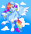 Size: 1885x2048 | Tagged: safe, artist:cocopudu, rainbow dash, pegasus, pony, g4, alternate hairstyle, alternate tailstyle, bangs, belly, blue coat, blue hooves, cheek fluff, chest fluff, cloud, cloven hooves, coat markings, colored eyebrows, colored hooves, colored pupils, colored wings, colored wingtips, curly mane, curly tail, ear fluff, eye clipping through hair, eyebrows, eyebrows visible through hair, eyelashes, facial markings, fangs, female, flying, hock fluff, hooves, looking back, mare, multicolored hair, multicolored mane, multicolored tail, open mouth, open smile, outdoors, pink eyes, purple pupils, rainbow hair, rainbow tail, raised hoof, redraw, shiny mane, shiny tail, sky, sky background, smiling, snip (coat marking), socks (coat markings), solo, spread wings, tail, tongue out, two toned wings, unshorn fetlocks, watermark, wing fluff, wings