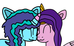 Size: 970x600 | Tagged: safe, artist:jadeharmony, misty brightdawn, pipp petals, pegasus, pony, unicorn, g5, :3, duo, duo female, eyes closed, female, horn, lesbian, mare, nuzzling, ship:mistypetals, shipping, simple background, transparent background