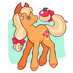 Size: 1410x1410 | Tagged: safe, artist:cocopudu, applejack, pony, g2, g4, abstract background, apple, female, food, g4 to g2, generation leap, mare, prehensile tail, solo, tail, tail hold