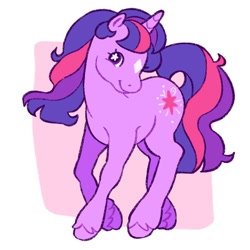 Size: 1334x1334 | Tagged: safe, artist:cocopudu, twilight sparkle, pony, unicorn, g2, g4, abstract background, coat markings, facial markings, female, g4 to g2, generation leap, looking at you, mare, smiling, smiling at you, solo, star (coat marking), starry eyes, unicorn twilight, wingding eyes