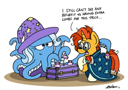 Size: 2232x1572 | Tagged: safe, artist:bobthedalek, sunburst, trixie, octopus, pony, unicorn, g4, atg 2024, chest, cloak, clothes, cup, duo, duo male and female, female, glasses, hat, horn, inconvenient trixie, magic trick, male, newbie artist training grounds, open mouth, pickpocketing, purse, shell game, simple background, smiling, smug, species swap, stallion, stealing, sunburst's cloak, sunburst's glasses, teacup, trixie's hat, wat, white background