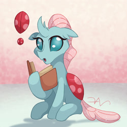 Size: 1400x1400 | Tagged: safe, artist:swasfews, ocellus, changedling, changeling, g4, :o, abstract background, book, exclamation point, female, looking at you, open mouth, sitting, solo