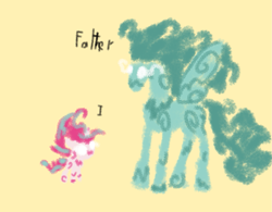 Size: 1475x1153 | Tagged: safe, artist:messy sketch, oc, oc only, oc:apostle, pony, umbrum, blue, blue mane, daughter, dio, duo, father, father and child, father and daughter, female, male, pink, pink and blue hairstyle and tail, simple background, yellow background