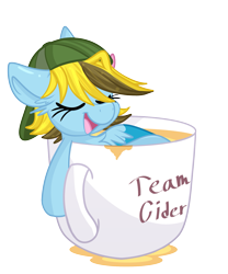 Size: 1579x1902 | Tagged: safe, artist:lbrcloud, oc, oc only, oc:lucky bolt, pegasus, pony, trotcon, backwards ballcap, baseball cap, bow, cap, cider, commission, cup, eyes closed, female, hair bow, hat, relaxing, simple background, solo, teacup, transparent background, ych result