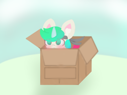 Size: 8000x6000 | Tagged: safe, artist:sodapop sprays, oc, oc only, oc:municorn, pony, unicorn, bandana, blushing, box, exclamation point, eye clipping through hair, horn, meme, metal gear, pony in a box, solo, surprised