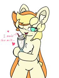 Size: 6000x8000 | Tagged: safe, artist:sodapop sprays, oc, oc only, oc:sodapop sprays, earth pony, pegasus, semi-anthro, caption, chest fluff, drink, ear fluff, freckles, implied breast milk, looking at you, milkshake, one eye closed, rough sketch, simple background, solo, text, transparent background, wink, winking at you