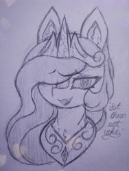 Size: 4032x5376 | Tagged: safe, artist:sodapop sprays, princess celestia, alicorn, pony, g4, caption, chest fluff, circlet, cursive writing, ear fluff, female, hair over one eye, jewelry, let them eat cake, looking at you, mare, solo, text, tiara, traditional art