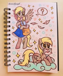 Size: 3000x3598 | Tagged: safe, artist:dariarchangel, derpy hooves, pegasus, pony, g4, bag, bipedal, clothes, cloud, cross-eyed, cute, derp, derpabetes, derpy being derpy, female, folded wings, letter, lying down, lying on a cloud, mailbag, mailmare, mailpony, mare, mouth hold, on a cloud, photo, prone, shirt, sketchbook, skirt, smiling, solo, spread wings, standing, standing on two hooves, traditional art, wings