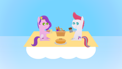 Size: 1920x1080 | Tagged: safe, artist:carrotorangelight, pipp petals, zipp storm, pegasus, pony, g5, basket, bread, chocolate, cloud, diadem, duo, duo female, eating, female, food, hoof hold, jewelry, magnetic hooves, on a cloud, picnic, picnic basket, picnic blanket, pie, pointy ponies, regalia, royal sisters (g5), sandwich, siblings, sisters, sitting