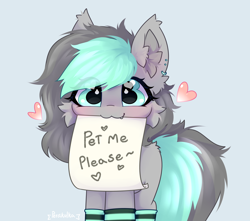 Size: 3400x3000 | Tagged: safe, artist:persikulka, oc, oc only, oc:opal stone, pony, bronybait, cheek fluff, clothes, ear fluff, ear piercing, fangs, gray background, heart, letter, looking at you, missing cutie mark, paper, piercing, simple background, socks, solo, striped socks