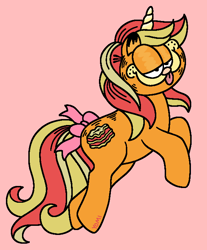 Size: 592x714 | Tagged: source needed, safe, artist:yomi, cat, cat pony, original species, pony, unicorn, better source needed, bow, cursed image, garfield, garfield (character), higher res needed, horn, not salmon, pink background, ponified, rule 85, signature, simple background, tail, tail bow, wat