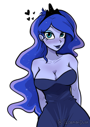 Size: 1612x2272 | Tagged: safe, artist:tacoman dusct, princess luna, human, equestria girls, g4, bare shoulders, blushing, breasts, busty princess luna, clothes, crown, dress, ear piercing, heart, jewelry, lipstick, long hair, looking at you, makeup, piercing, regalia, simple background, solo, white background
