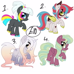 Size: 4000x4000 | Tagged: safe, artist:fizzlefer, oc, oc only, oc:kaleidoscope swatch, bat pony, earth pony, pegasus, unicorn, g4, adoptable, bat pony oc, earth pony oc, female, folded wings, freckles, heart, heart mark, horn, mare, pegasus oc, raised hoof, raised leg, simple background, smiling, tail, unicorn oc, unshorn fetlocks, white background, wings