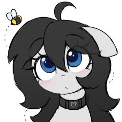 Size: 1500x1500 | Tagged: safe, artist:stablegrass, oc, oc only, oc:milly, bee, earth pony, insect, pony, ahoge, blushing, collar, eye clipping through hair, female, floppy ears, looking up, mare, simple background, solo, white background