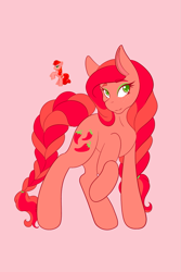 Size: 1365x2048 | Tagged: safe, artist:mscolorsplash, pepperdance, earth pony, pony, g4, blind bag pony, braid, braided ponytail, braided tail, eyebrows, eyebrows visible through hair, eyeshadow, female, lidded eyes, makeup, mare, pink background, ponytail, raised hoof, simple background, smiling, solo, tail, toy, toy interpretation