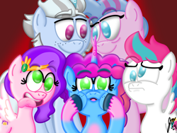 Size: 2160x1620 | Tagged: safe, artist:jesslmc16, alphabittle blossomforth, misty brightdawn, pipp petals, queen haven, zipp storm, pegasus, pony, unicorn, g5, bust, curtains, derp, digital art, family, female, funny, group, horn, horns, male, mare, portrait, royal sisters (g5), ship:alphahaven, shipping, siblings, signature, silly, silly pony, sisters, spread wings, stallion, straight, wings
