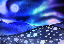 Size: 3600x2500 | Tagged: safe, artist:knife smile, commission, flower, mare in the moon, moon, mountain, mountain range, no pony, satellite dish, shooting star, stars