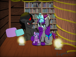 Size: 2999x2250 | Tagged: safe, artist:lullabyjak, king sombra, oc, oc:umbré, unicorn, g4, bookshelf, colt, colt sombra, doll, duo, female, filly, foal, horn, lantern, male, pillow, string lights, toy, treehouse