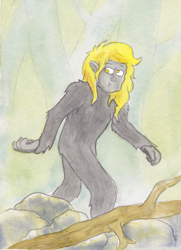 Size: 826x1138 | Tagged: safe, artist:lost marbles, derpy hooves, cryptid, g4, atg 2024, cryptozoology, female, newbie artist training grounds, rock, sasquatch, solo, species swap, traditional art, watercolor painting