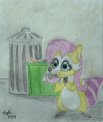 Size: 2568x3011 | Tagged: safe, artist:opti, fluttershy, raccoon, g4, atg 2024, female, newbie artist training grounds, pleading, recycle bin, solo, species swap, traditional art, trash can