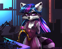 Size: 2021x1600 | Tagged: safe, artist:darksly, twilight sparkle, raccoon, g4, apron, atg 2024, big crown thingy, clothes, element of magic, female, jewelry, newbie artist training grounds, regalia, solo, species swap