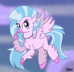 Size: 1665x1621 | Tagged: safe, artist:banquo0, silverstream, classical hippogriff, hippogriff, g4, female, flying, jewelry, necklace, smiling, solo, spread wings, wings