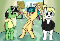 Size: 2887x2000 | Tagged: safe, artist:mano_m, oc, oc:apogee, oc:filly anon, oc:luftkrieg, earth pony, pegasus, pony, bipedal, clothes, doomverse, female, filly, foal, glasses, jacket, looking at you, ponyville, pose, shirt, sunglasses, t-shirt