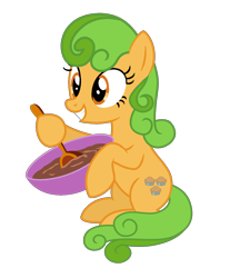 Size: 1246x1507 | Tagged: safe, artist:moonlightthegriffon, artist:princesslilybrush, perfect pie, earth pony, pony, g4, apple family member, base used, batter, bowl, chocolate, cooking, female, food, mare, simple background, smiling, solo, spoon, transparent background