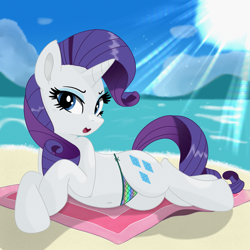 Size: 1919x1919 | Tagged: safe, artist:tunter, rarity, pony, unicorn, g4, :o, beach, beach towel, belly button, bikini, bikini bottom, clothes, female, horn, looking at you, lying down, mare, ocean, on side, open mouth, solo, sun, swimsuit, water