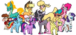 Size: 2048x961 | Tagged: safe, artist:steelsoul, applejack, arizona (tfh), fluttershy, oleander (tfh), paprika (tfh), pinkie pie, pom (tfh), rainbow dash, rarity, tianhuo (tfh), twilight sparkle, velvet (tfh), alpaca, classical unicorn, cow, deer, dragon, earth pony, hybrid, longma, pegasus, pony, reindeer, sheep, unicorn, them's fightin' herds, g4, cloven hooves, community related, horn, leonine tail, simple background, unicorn twilight, unshorn fetlocks, white background