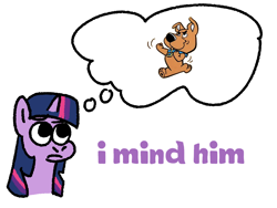 Size: 1200x900 | Tagged: safe, artist:zoeyhorse, twilight sparkle, dog, great dane, pony, unicorn, g4, ask, bust, crossover, description is relevant, dialogue, female, frown, mare, scooby-doo!, scrappy-doo, simple background, solo, thought bubble, unicorn twilight, white background