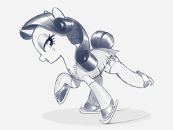 Size: 3781x2838 | Tagged: safe, artist:mizhisha, rarity, pony, unicorn, g4, black and white, clothes, dress, eyeshadow, grayscale, heart, horn, ice skating, looking back, makeup, monochrome, pencil drawing, raised hoof, raised leg, simple background, skates, skirt, skirt lift, tail, tail bun, traditional art, white background