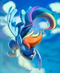 Size: 1784x2160 | Tagged: safe, artist:brdte, rainbow dash, pegasus, pony, g4, female, flying, furrowed brow, mare, open mouth, open smile, signature, smiling, solo, spread wings, underhoof, wings
