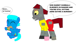 Size: 5952x3280 | Tagged: safe, artist:memeartboi, earth pony, pegasus, pony, g4, angry, burger, clothes, colt, cute, delicious, duo, duo male, eating, family, foal, food, gumball watterson, hamburger, male, pants, ponified, rob, shirt, simple background, spoiler, spoiler alert, spoiler image, spoiler tag, the amazing world of gumball, white background