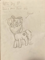 Size: 3024x4032 | Tagged: safe, artist:goldenmidnight, oc, oc only, oc:snowflake, crying, female, filly, foal, monochrome, newbie artist training grounds, scared, shaking, signature, solo, traditional art