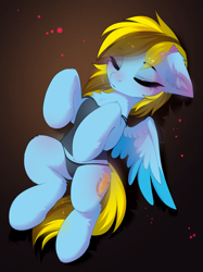 Size: 2479x3313 | Tagged: safe, artist:empress-twilight, oc, oc only, oc:lucky bolt, pegasus, pony, bow, chest fluff, clothes, commission, cute, ear fluff, eyes closed, female, gradient background, hair bow, hair over one eye, lying down, panties, shirt, sleeping, solo, underwear, wings, ych result