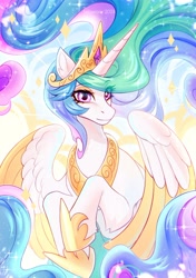 Size: 800x1135 | Tagged: safe, artist:fenwaru, princess celestia, alicorn, pony, g4, beautiful, colored wings, crown, ethereal mane, ethereal tail, eye clipping through hair, eyebrows, eyebrows visible through hair, female, hoof shoes, horn, jewelry, long mane, long tail, looking at you, mare, peytral, princess shoes, regalia, solo, tail, two toned wings, wings