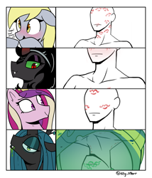 Size: 2622x3065 | Tagged: safe, artist:icey, derpy hooves, king sombra, princess cadance, queen chrysalis, oc, oc:anon, alicorn, changeling, changeling queen, pegasus, pony, unicorn, g4, bite mark, blushing, cocoon, eyebrows, eyebrows visible through hair, female, high res, horn, kiss mark, kiss on the lips, kissing, kissing chart, lipstick, mare, meme, queen umbra, rule 63